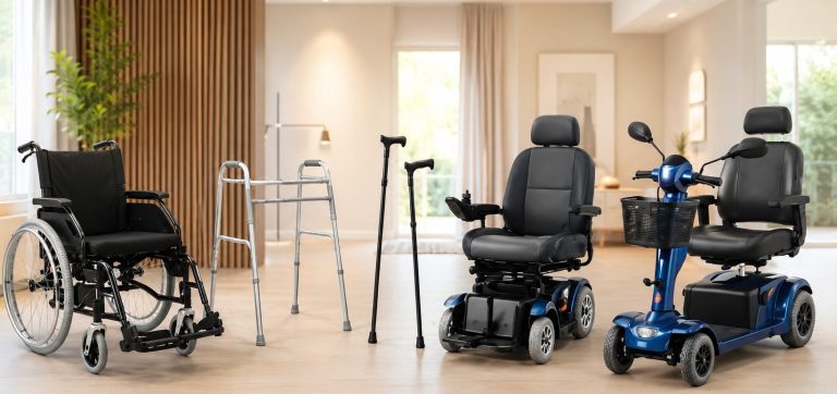 Mobilité Différents équipements d'aide à la mobilité : fauteuil roulant, déambulateur, canne, scooters.