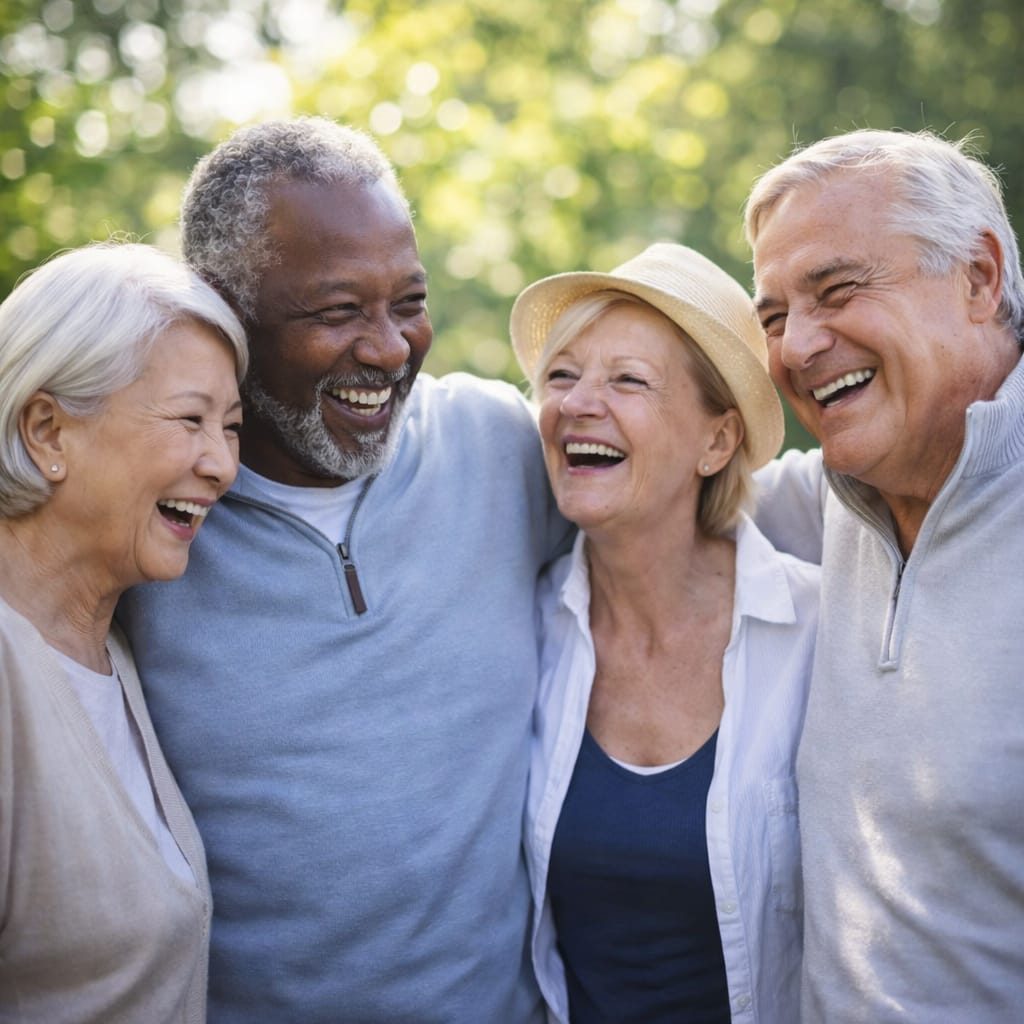 Les solutions discrètes Quatre personnes âgées, souriantes, profitant d'un moment joyeux ensemble en plein air.
