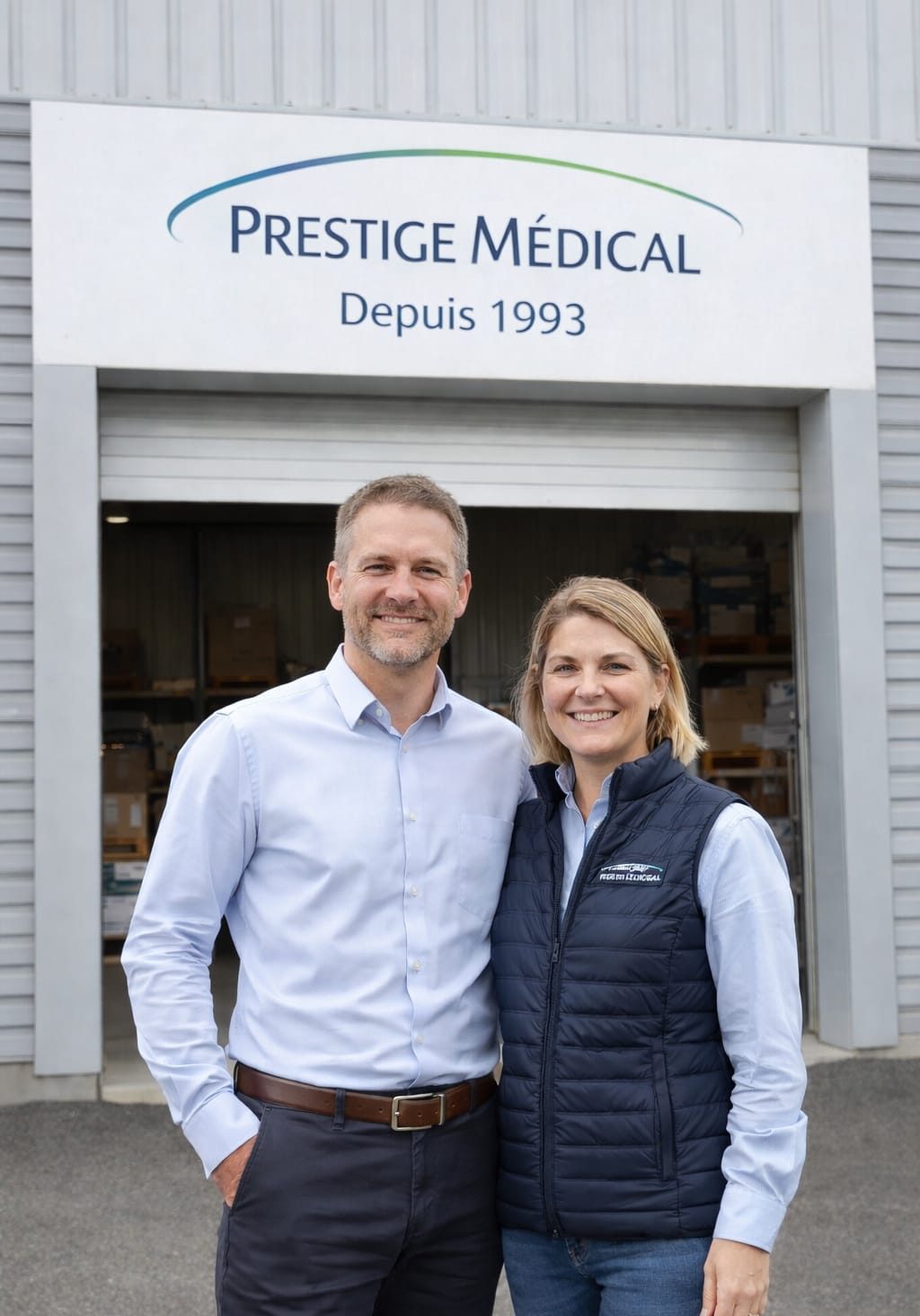 Prestige Médical Un homme et une femme souriants devant le bâtiment de Prestige Medical.