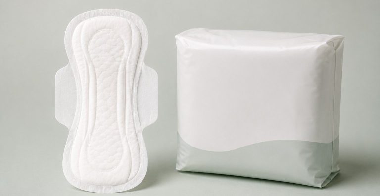 Couches anatomiques Produits d'hygiène féminine avec emballages variés sur un fond bleu.