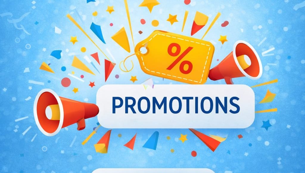 Promotions du moment Bannière colorée annonçant des promotions avec des mégaphones et des éléments festifs.