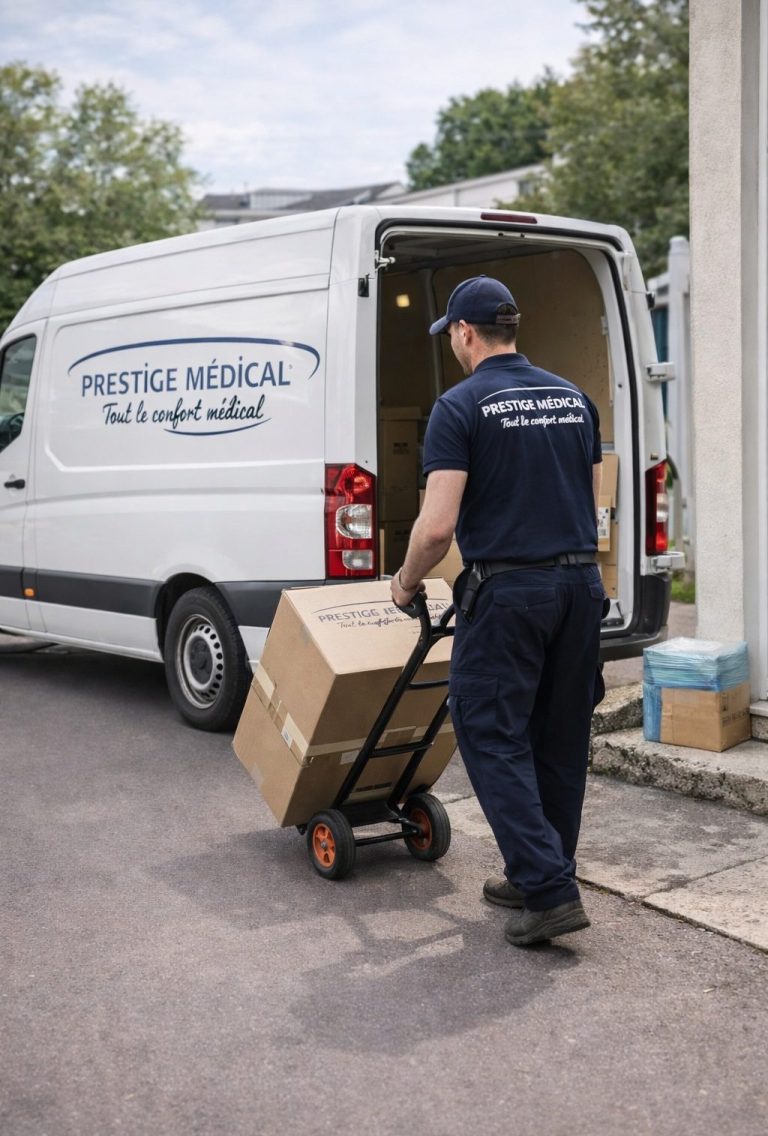 Livraison à domicile Un homme en uniforme transporte des cartons à partir d'un véhicule utilitaire médical.