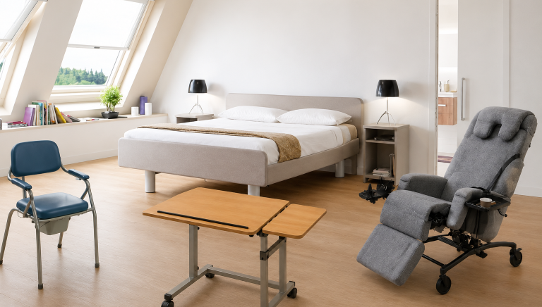 Matériel Médical Chambre avec un lit médicalisé, un fauteuil confortable et un marchepied.