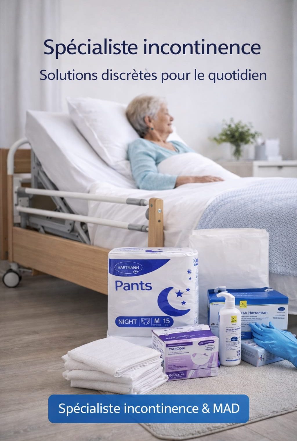 Service de maintien à domicile Femme au lit avec des produits pour l'incontinence à portée de main.