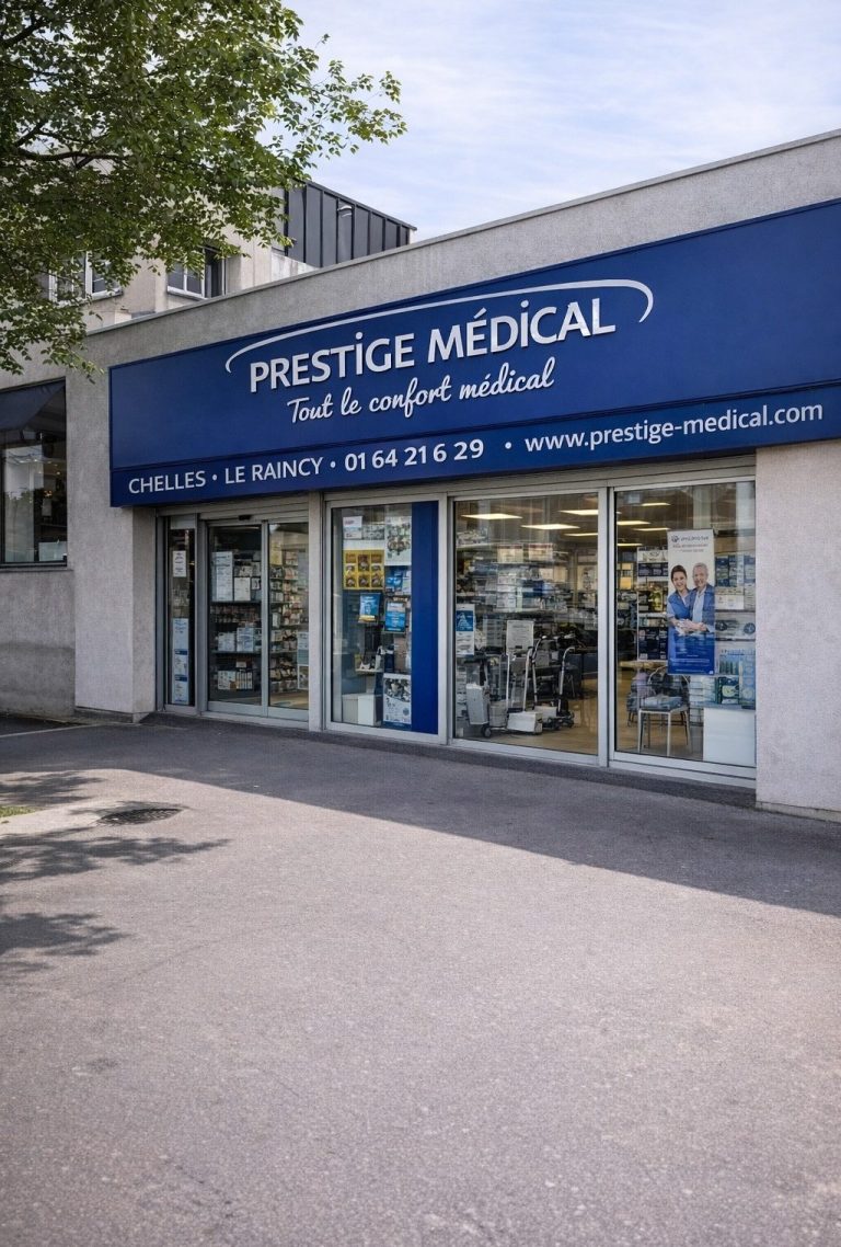 Magasin matériel médical Boutique Prestige Medical avec une façade bleue et des vitrines bien visibles.